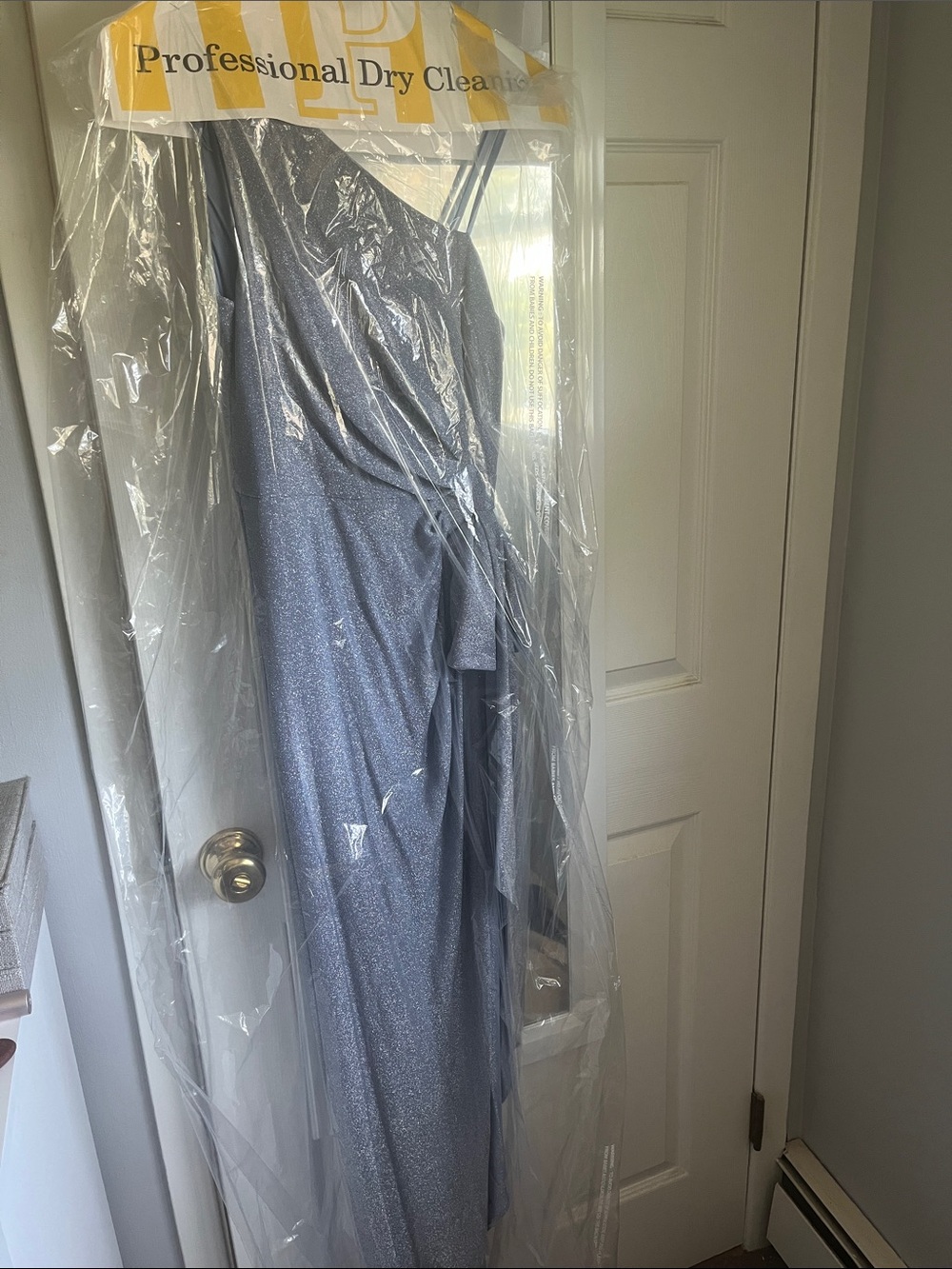 Adrianna Pappell One-Shoulder Shimmery Slate Blue Evening Gown with Side Ruffle